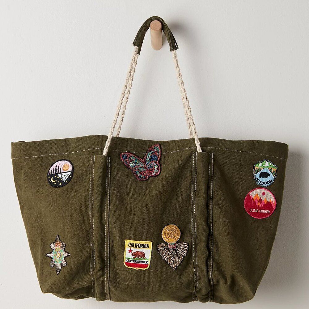 FREE PEOPLE Been There Badge Tote Bag In Sea Serpent / Army Green NWT